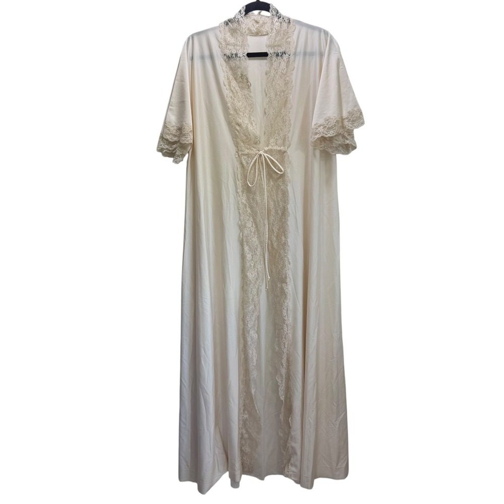 Vtg Shadowline Peignoir Robe Ivory Cream Lace Trim Open Front Nylon Maxi 70s SM